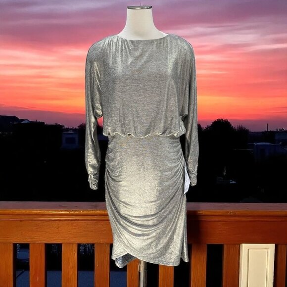 Vince Camuto Metallic Silk Dress Size 12 Ruched Open Back Cocktail Party Glam - Picture 1 of 13